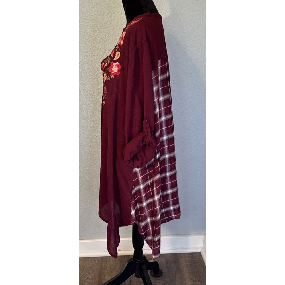 Plaid Floral 1/4 Button Neckline Flowy Asymetrical Hem 3XL Andree Boho Shirt - Picture 4 of 7